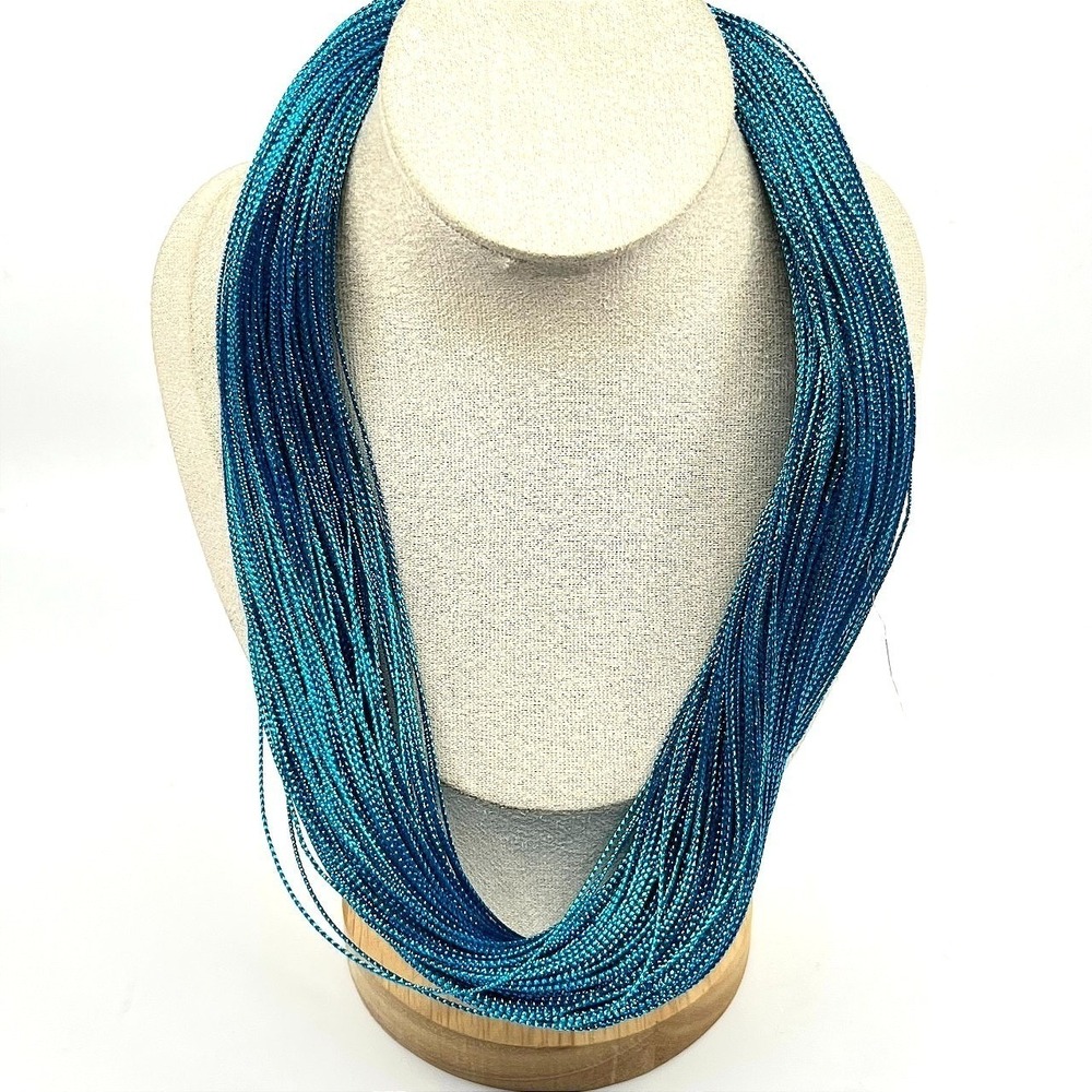 Vintage Retro Multi-Strand Blue Silk Thread Shimmer Choker Necklace Teal‎ Boho